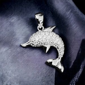 925 Sterling Silver Dolphin Necklace Charm Pendant with CZ.